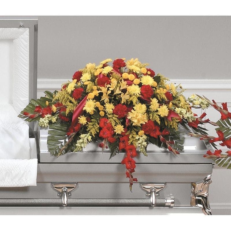 Red & Yellow Casket Spray Symapthy flowers Jupiter Delivery (FL