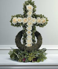 White Rose Cross with Moss Ring