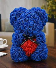 Blue Faux Rose Bear With Heart & Lights Keepsake