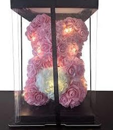 Pink Faux Rose Bear With Heart & Lights Keepsake